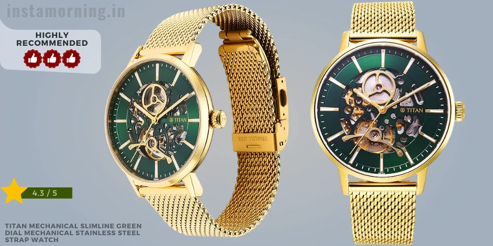 Best Titan Watches For Men Under 20000 - Titan Mechanical Slimline Green Dial Mechanical Stainless Steel Strap Watch NS90159YM01